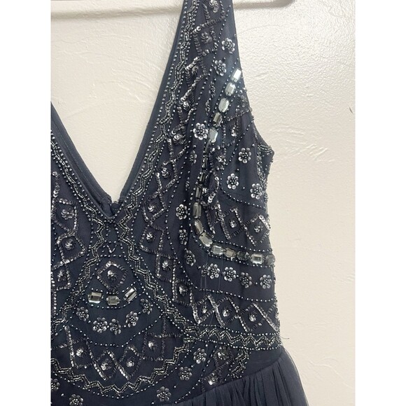 $495 AIDAN MATTOX Navy Embellished Beaded Tulle Formal Dress Gown Size 6 M3020 - Picture 7 of 15